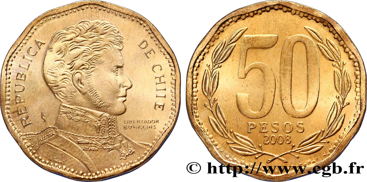 CHILE
 50 Pesos Bernardo O’Higgins erreur frappe “CHIIE” 2008 Santiago - S° fST 