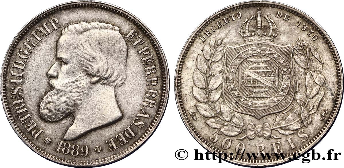BRAZIL 500 Reis Empereur Pierre II 1889  XF 
