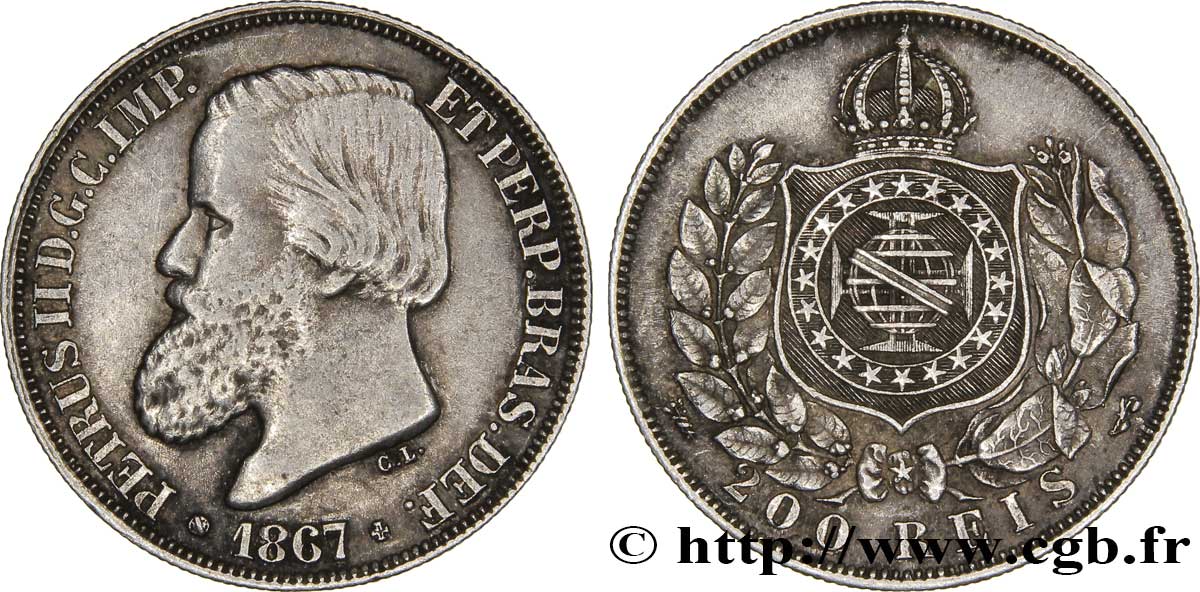 BRASILE 200 Reis Empereur Pierre II 1867  BB 