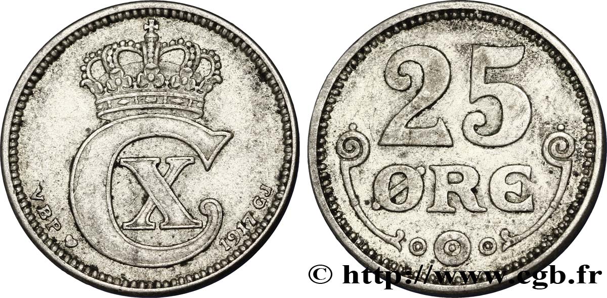 DINAMARCA 25 Ore monogramme de Christian X roi du Danemark 1917 Copenhague MBC 