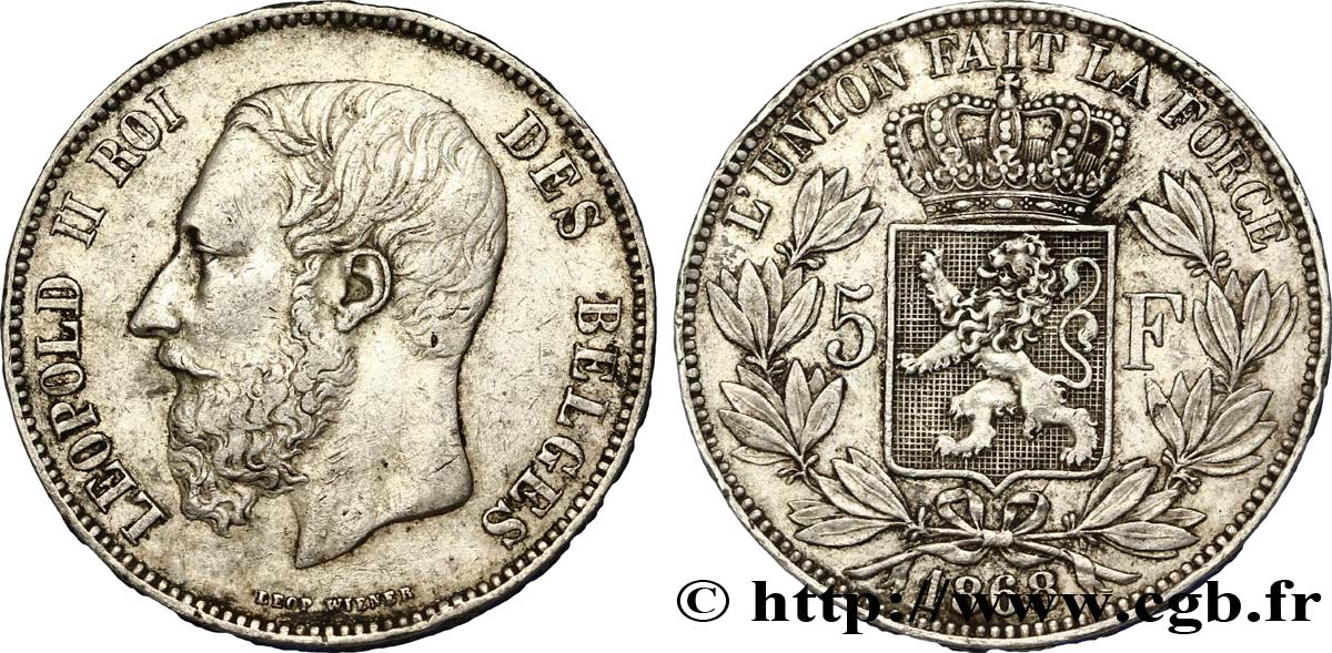 BELGIUM 5 Francs Léopold II  1868  AU 