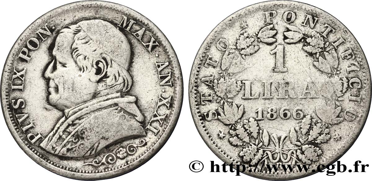 VATICAN AND PAPAL STATES 1 Lire Pie IX type grand buste an XXI 1866 Rome VF 