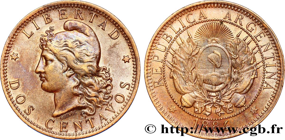 ARGENTINA 2 Centavos emblème / “Liberté” 1884  SPL 