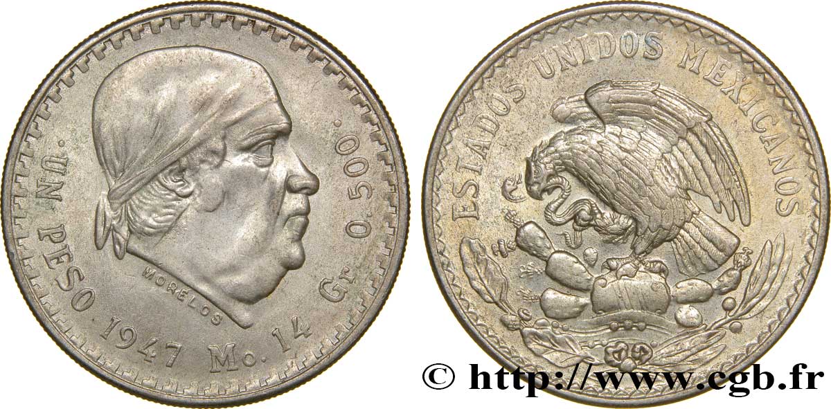 MÉXICO 1 Peso Jose Morelos y Pavon 1947 Mexico EBC 