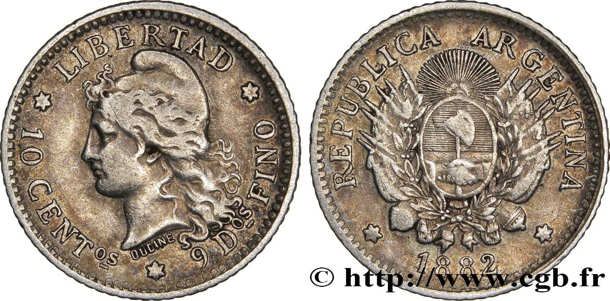 ARGENTINA 10 Centavos emblème / “Liberté” 1882  BB 