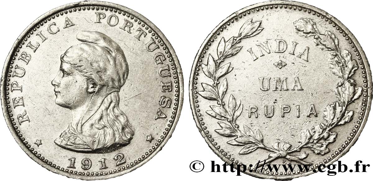 INDIA PORTOGHESE 1 Roupie allégorie de la République Portugaise 1912  BB 