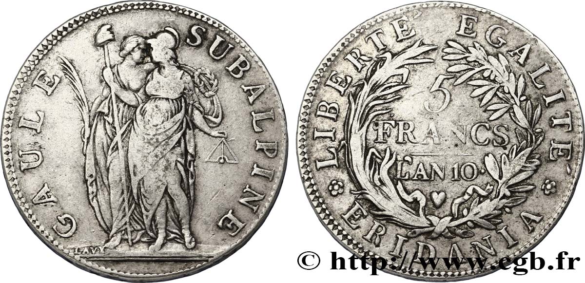 ITALIA - REPUBBLICA SUBALPINA 5 Francs Gaule Subalpine figures allégoriques de la Gaule Subalpine et de la France 1801 an 10 Turin q.BB 