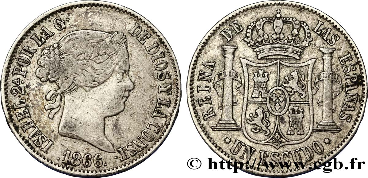 SPAIN 1 Escudo Isabelle II / écu couronné 1866 Madrid VF 
