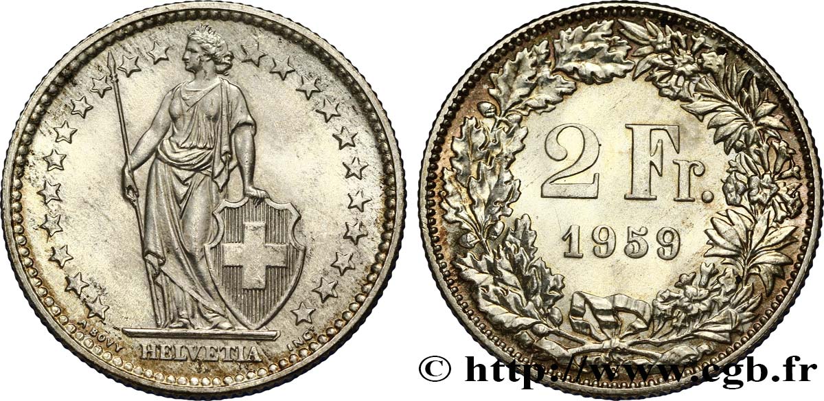 SCHWEIZ 2 Francs Helvetia 1959 Berne - B fST 