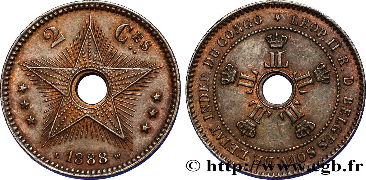 CONGO FREE STATE 2 Centimes monograme de Léopold II 1888  AU 