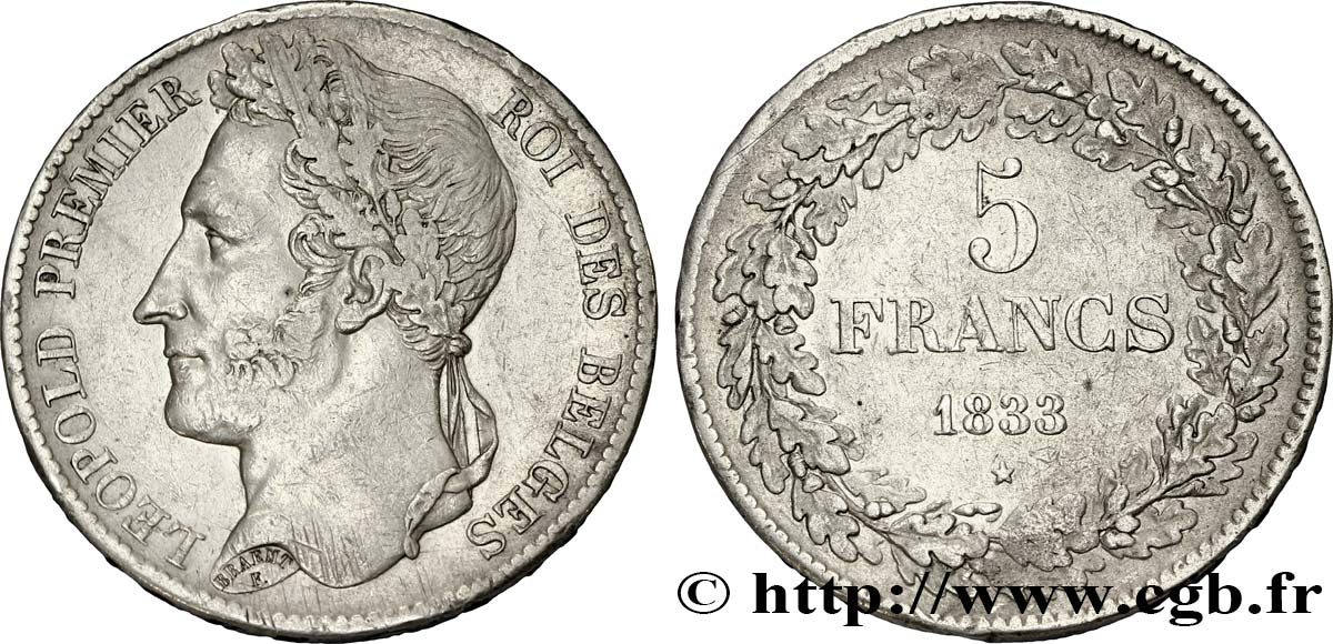 BELGIEN 5 Francs Léopold Ier tranche B 1833  fSS 
