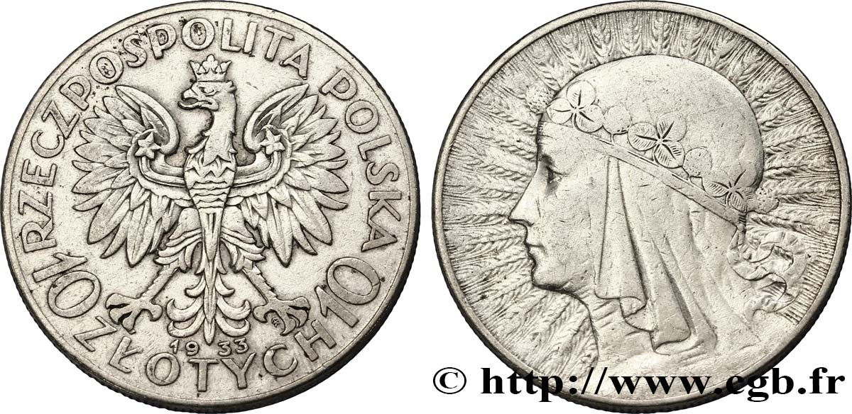 POLEN 10 Zlotych aigle / reine Jadwiga 1933 Varsovie S 