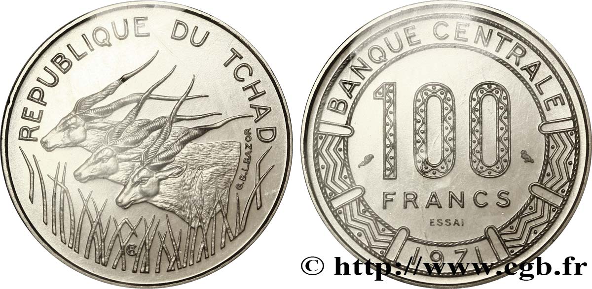 CHAD Essai de 100 Francs type “Banque Centrale”, antilopes 1971 Paris MS 