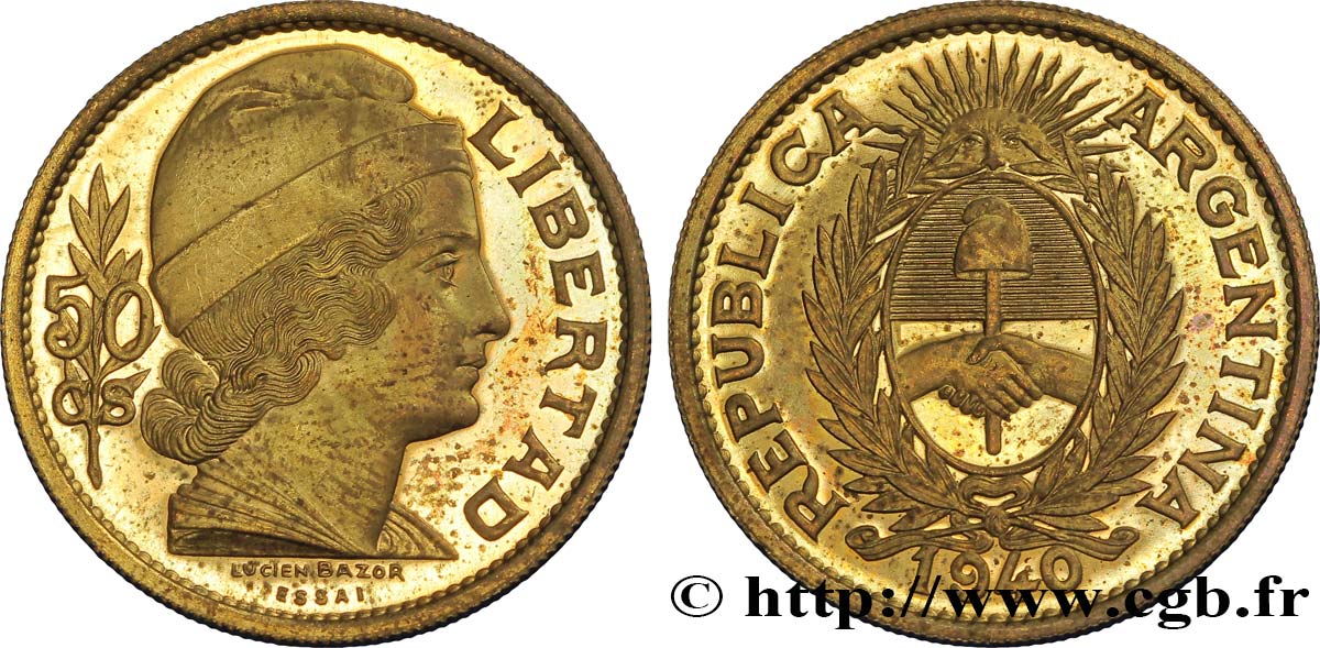 ARGENTINE - RÉPUBLIQUE ARGENTINE Essai de 50 Centavos Bronze ou laiton 1940 Paris ST 