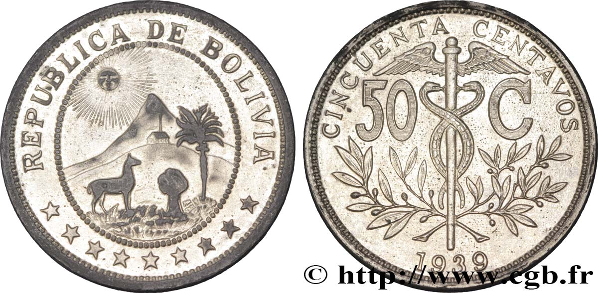 BOLIVIA - REPUBLIC Epreuve en étain (?) de 50 Centavos 1942  AU 