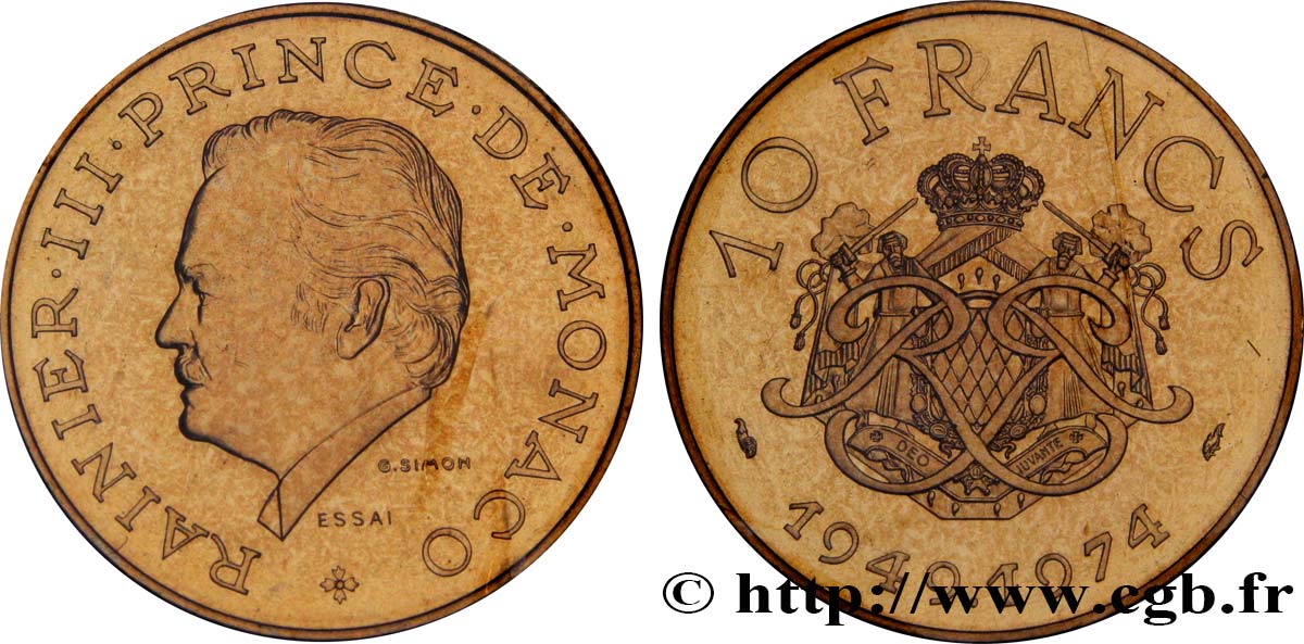 MONACO Essai de 10 Francs Rainier III 25e anniversaire de règne 1974 Paris MS 