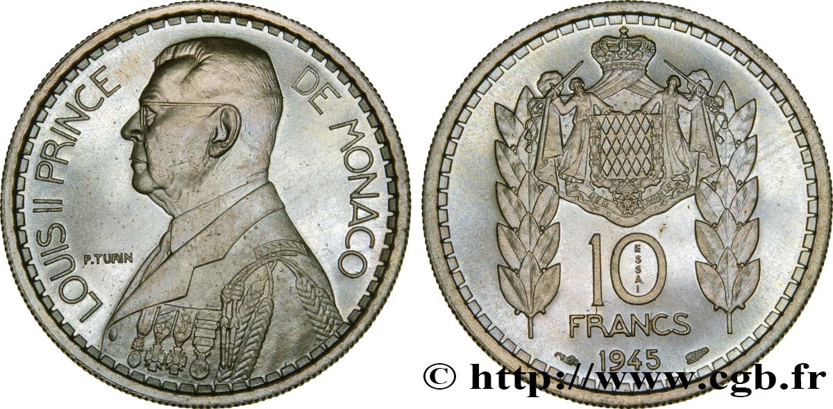 MONACO Essai de 10 Francs Turin Louis II 1945 Paris MS 