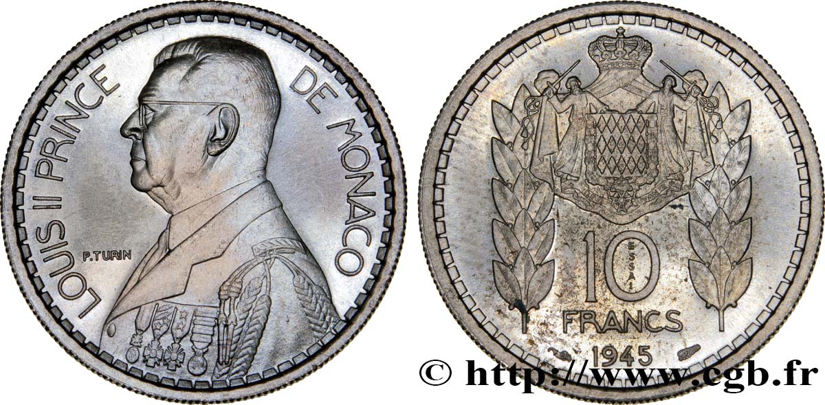 MÓNACO - PRINCIPADO DE MÓNACO - LUIS II Essai de 10 Francs Turin  1945 Paris SC 