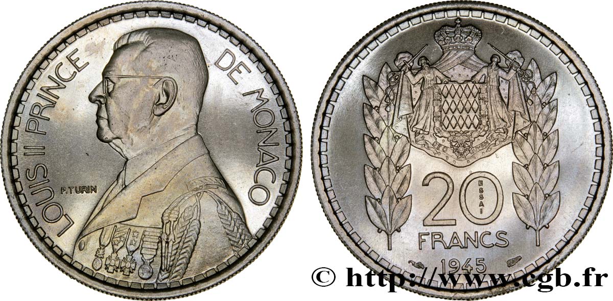 MONACO - FÜRSTENTUM MONACO - LUDWIG II. Essai de 20 Francs Turin 1945 Paris ST 