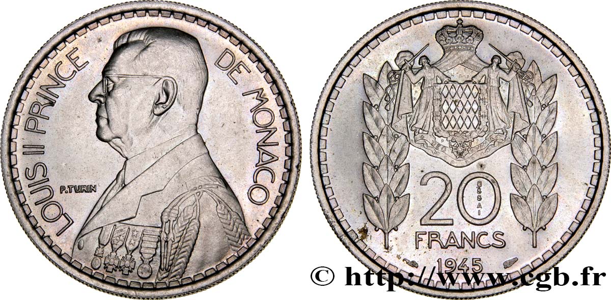 MONACO Essai de 20 Francs Turin Louis II 1945 Paris SC 