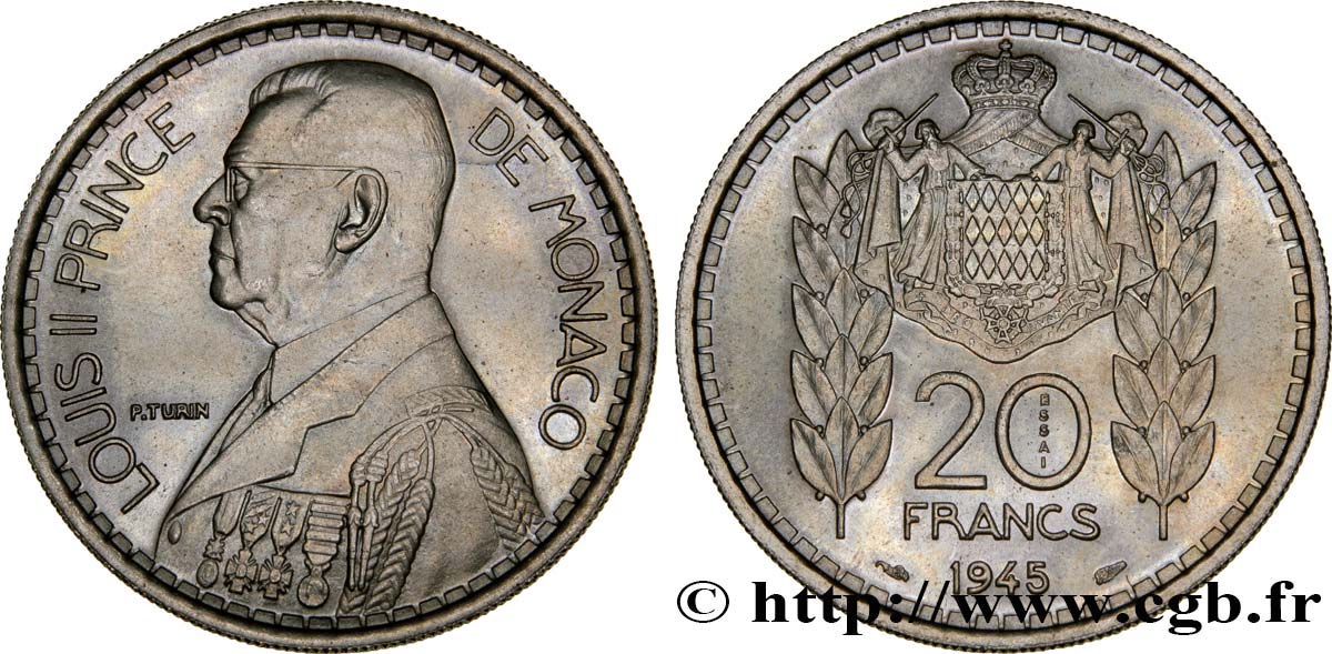 MONACO - FÜRSTENTUM MONACO - LUDWIG II. Essai de 20 Francs Turin  1945 Paris fST 