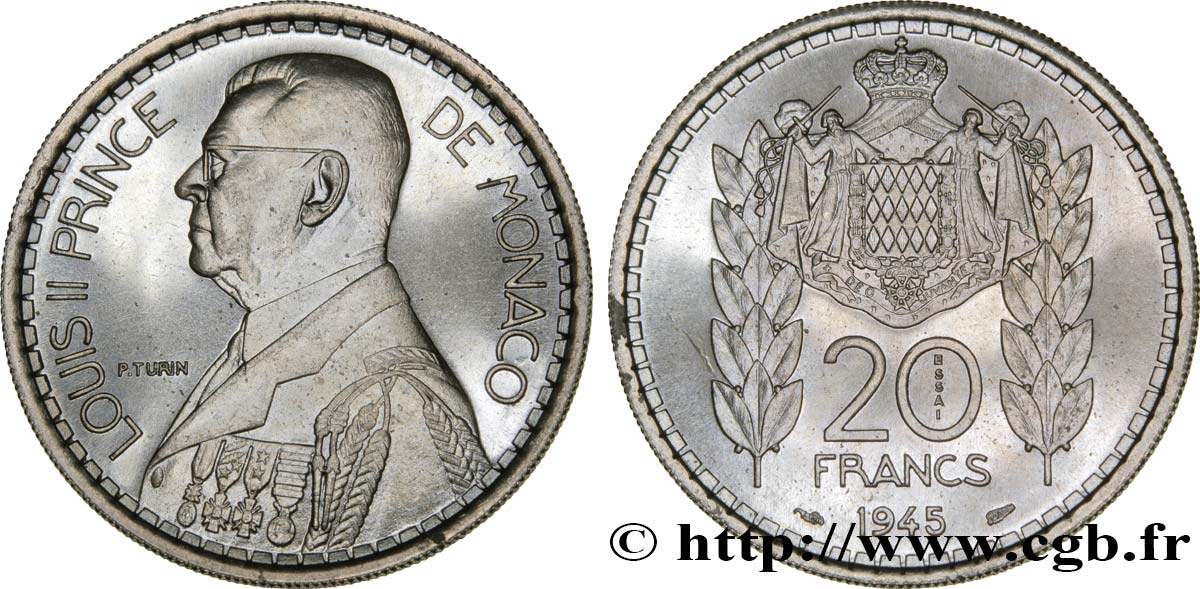 MONACO Essai de 20 Francs Turin Louis II 1945 Paris SPL 