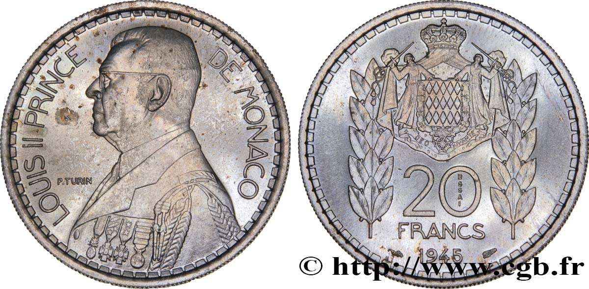 MONACO - PRINCIPAUTÉ DE MONACO - LOUIS II Essai de 20 Francs Turin  1945 Paris SUP 