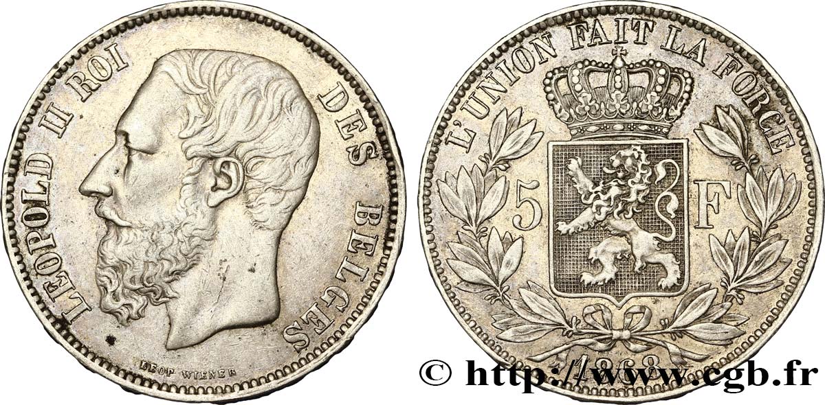 BELGIO 5 Francs Léopold II  1868  BB 