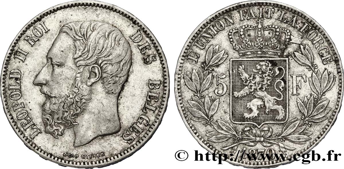 BELGIEN 5 Francs Léopold II / Écu couronné 1870  SS 