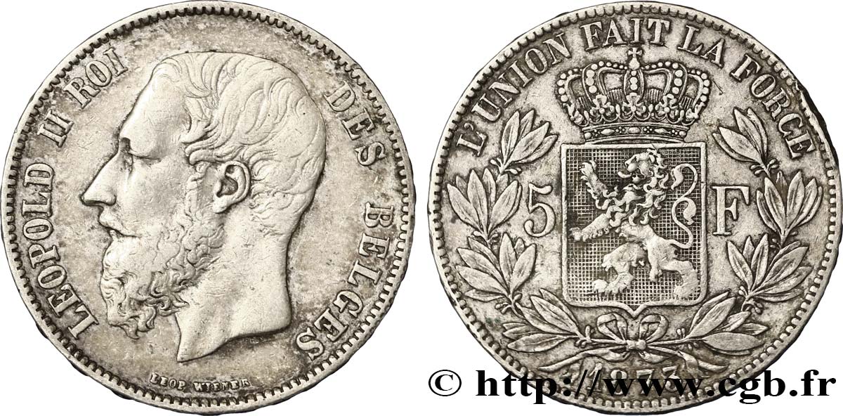 BELGIQUE 5 Francs Léopold II tranche position B 1873  TB+ 