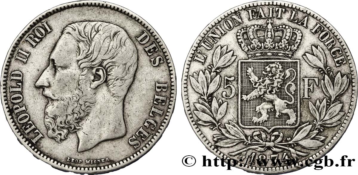 BELGIUM 5 Francs Léopold II  1874  VF 