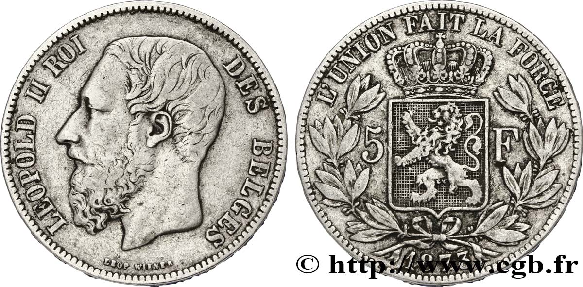 BELGIUM 5 Francs Léopold II tranche position B 1873  VF 