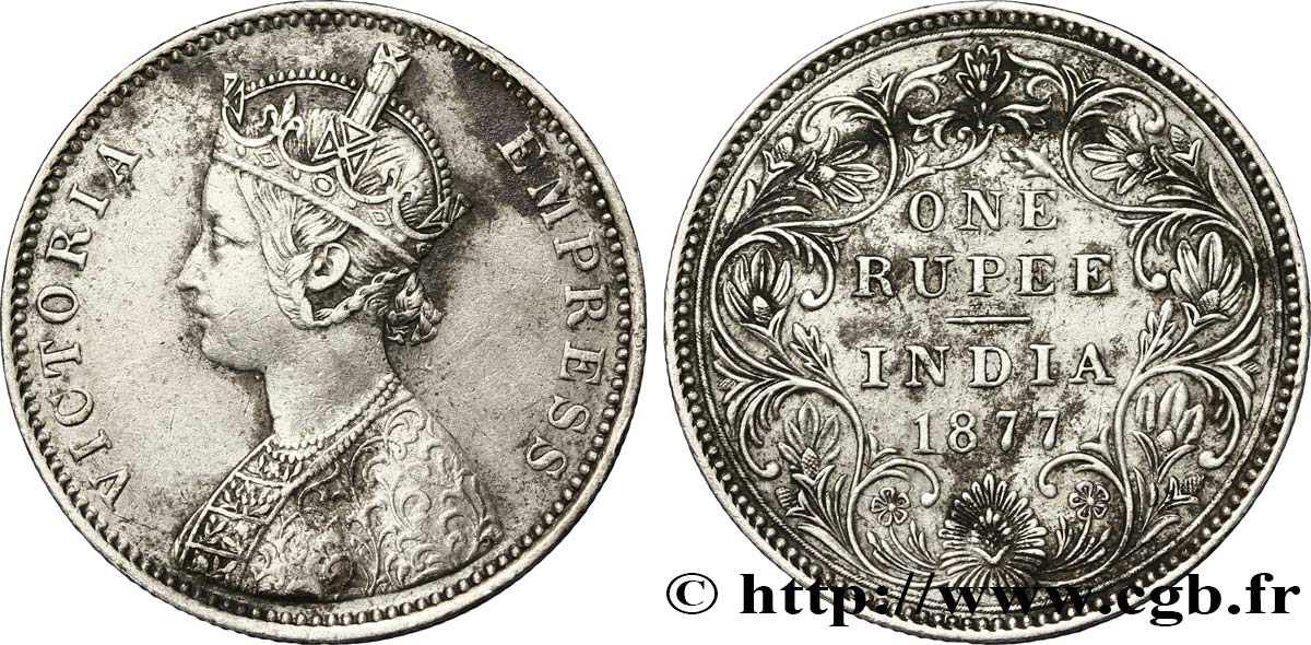 BRITISH INDIA 1 Roupie Victoria 1877 Calcutta XF 