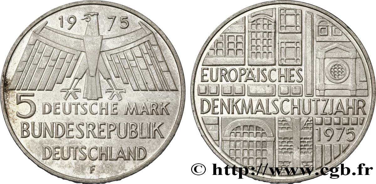 DEUTSCHLAND 5 Mark / Année européenne du patrimoine 1975 Stuttgart - F VZ 