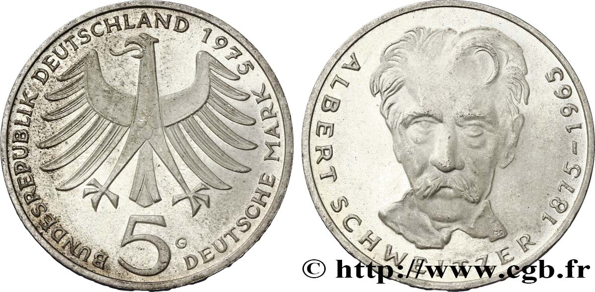 GERMANY 5 Mark aigle héraldique / Albert Schweitzer 1975 Karlsruhe - G MS 