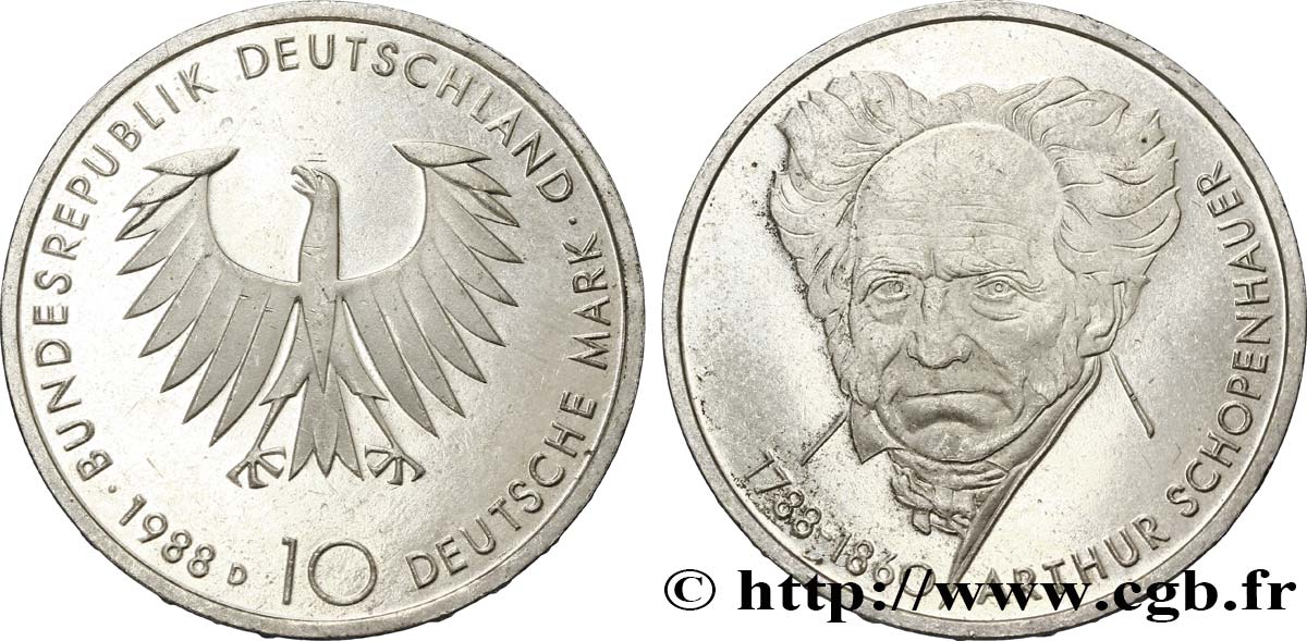 GERMANY 10 Mark  Proof Schopenhauer 1988 Munich - D AU 
