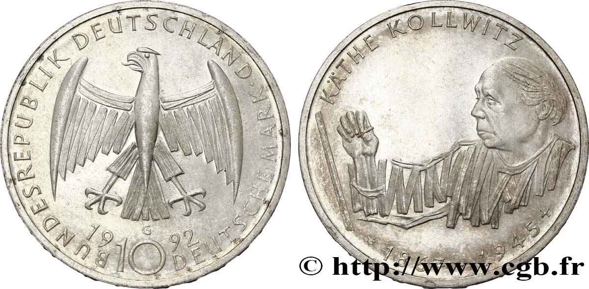 GERMANIA 10 Mark aigle héraldique / Käthe Kollwitz 1992 Karlsruhe - G SPL 