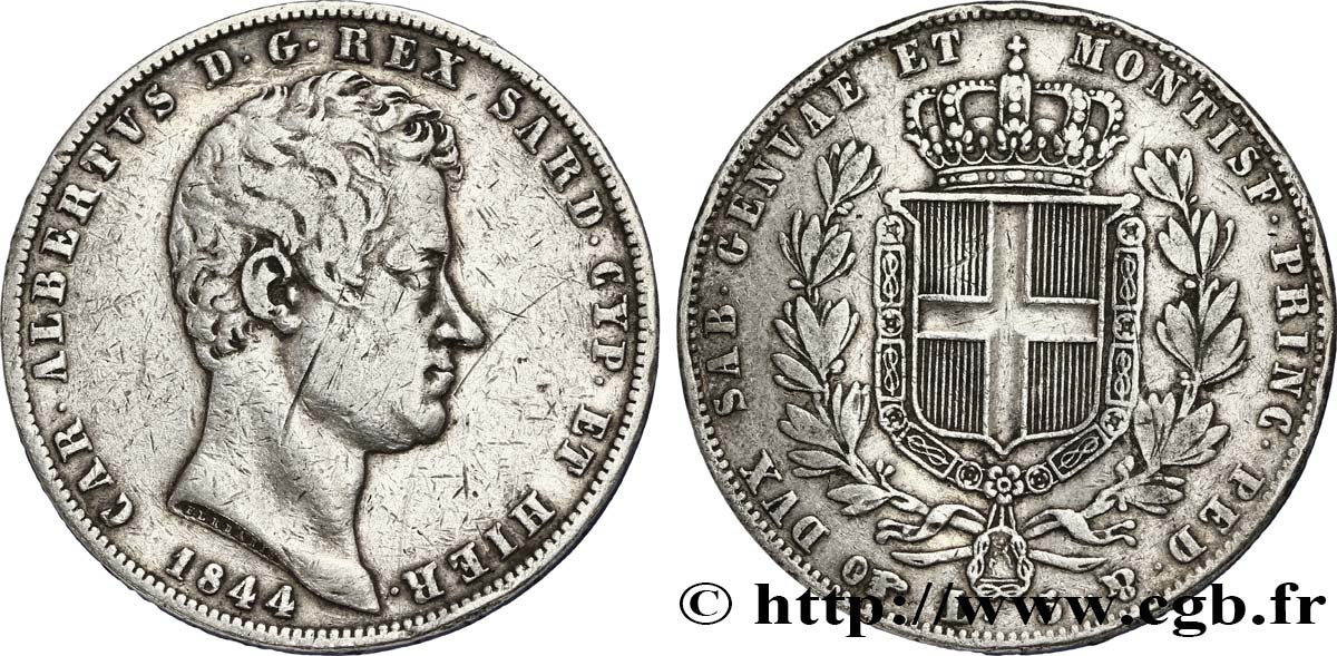 ITALIEN - KÖNIGREICH SARDINIEN 5 Lire Charles Albert, roi de Sardaigne 1844 Gênes SS 