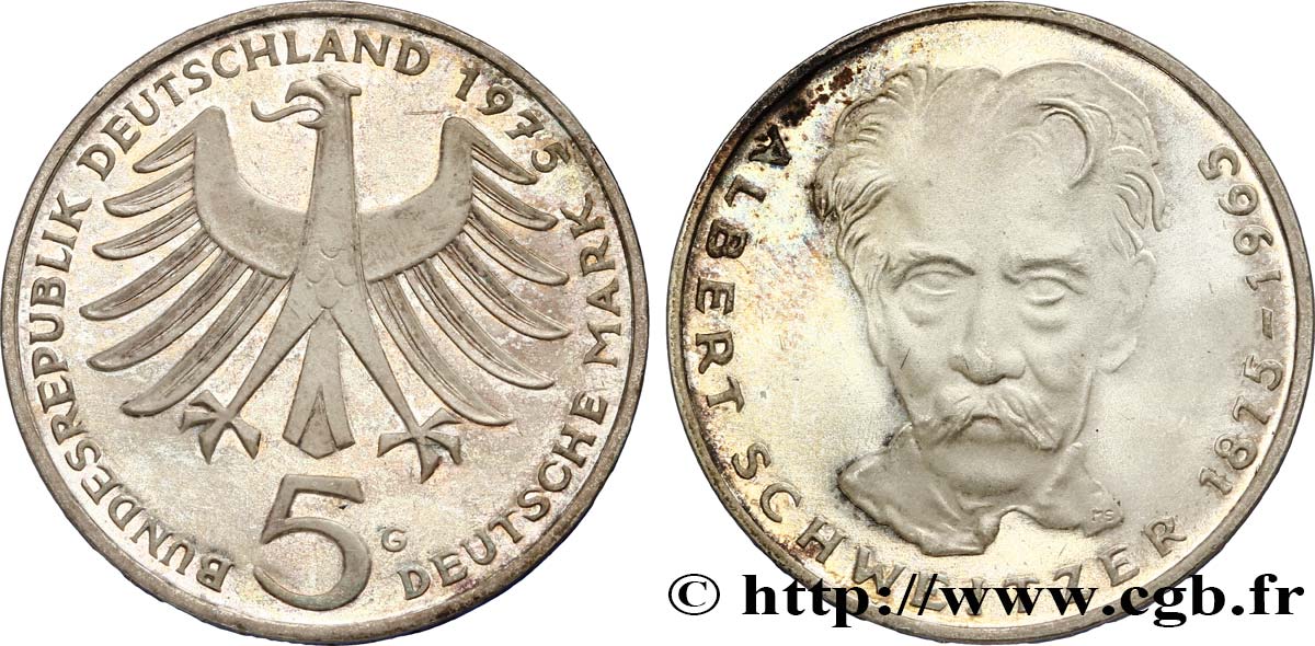 DEUTSCHLAND 5 Mark aigle héraldique / Albert Schweitzer 1975 Karlsruhe - G fST 