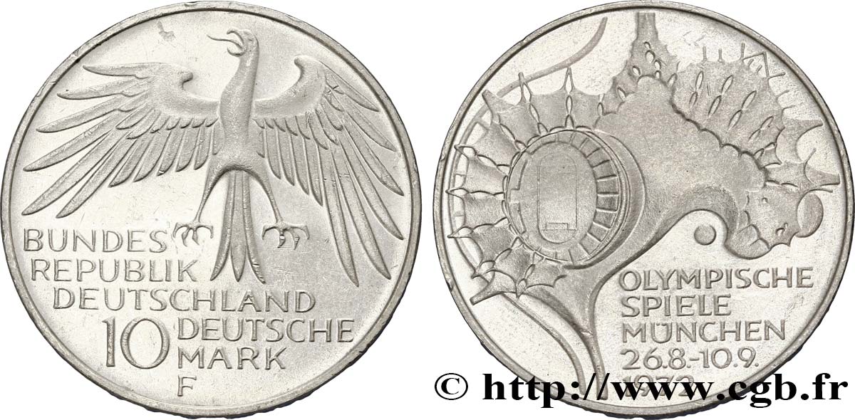 GERMANY 10 Mark / XXe J.O. Munich - Stade Olympique 1972 Stuttgart AU 