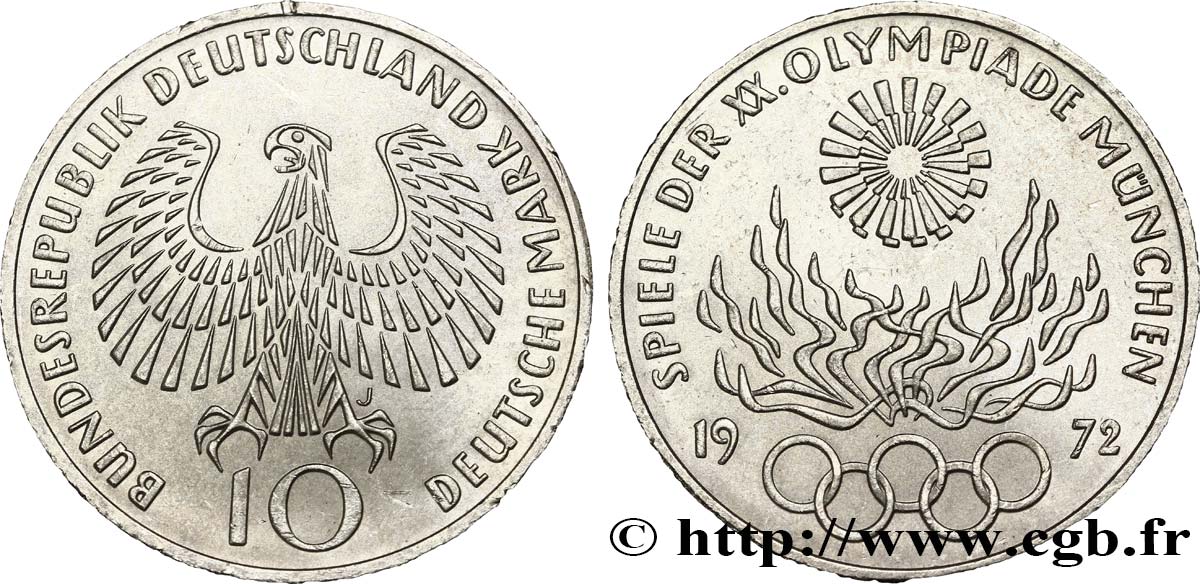 ALEMANIA 10 Mark XXe J.O. Munich / aigle type “IN DEUTSCHLAND” 1972 Hambourg - J EBC 