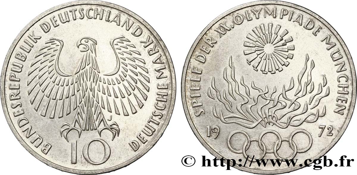 GERMANIA 10 Mark XXe J.O. Munich / aigle type “IN DEUTSCHLAND” 1972 Hambourg - J SPL 
