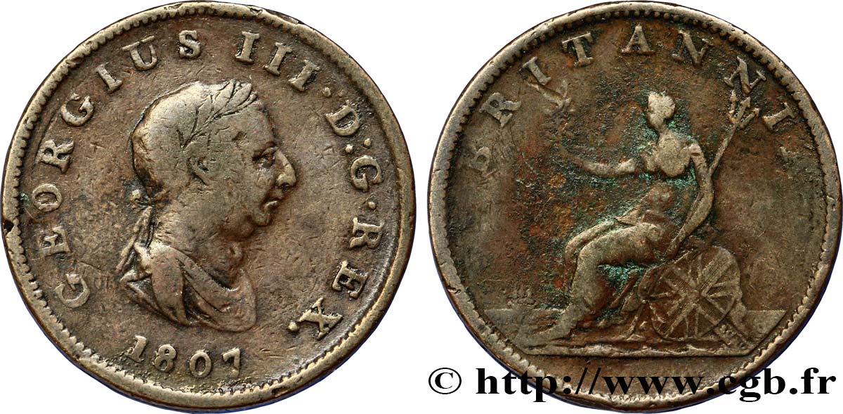 VEREINIGTEN KÖNIGREICH 1/2 Penny Georges III tête laurée 1807  S 