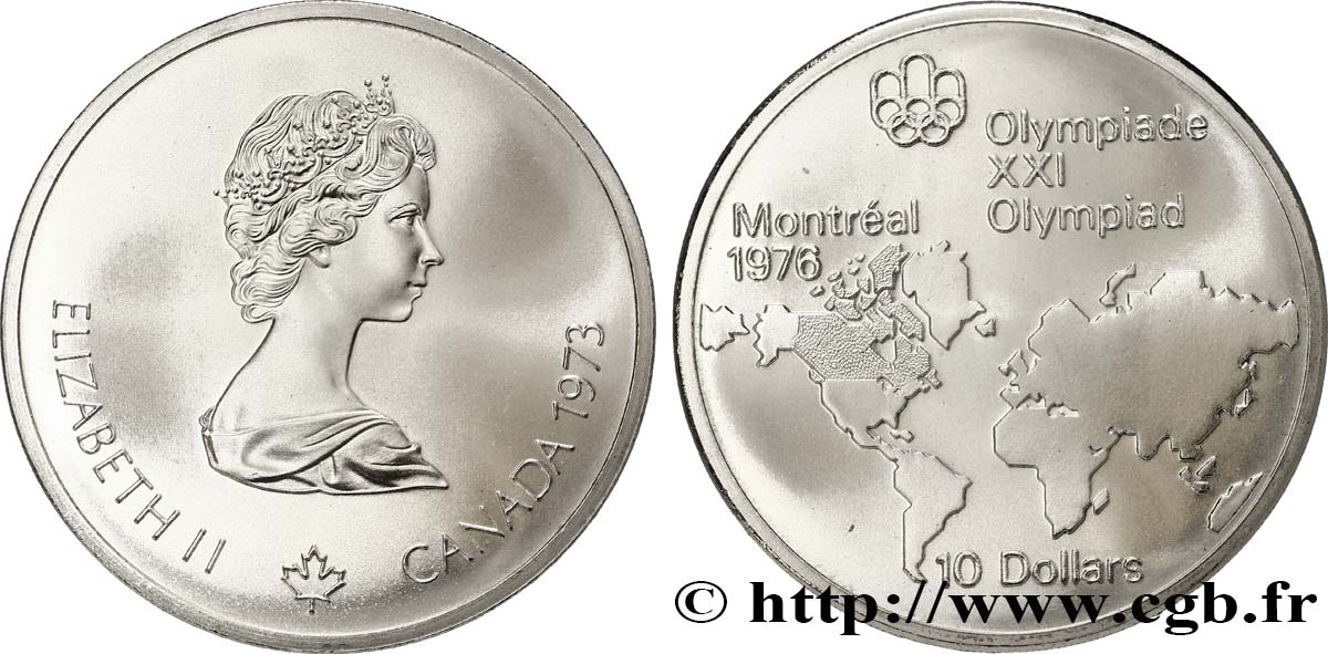 CANADá
 10 Dollars JO Montréal 1976 carte du Monde / Elisabeth II 1973  FDC 