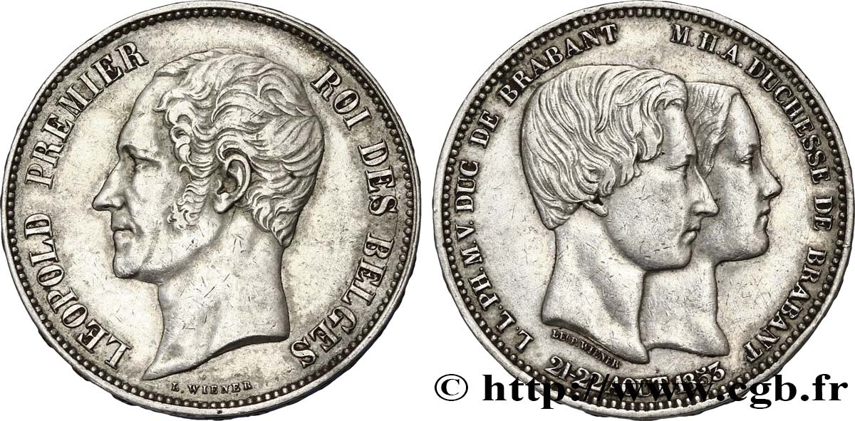 BÉLGICA 5 Francs mariage du Duc et de la Duchesse de Brabant 1853  MBC+ 