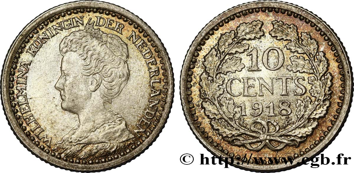 PAESI BASSI 10 Cents Reine Wilhelmina 1918 Utrecht MS 