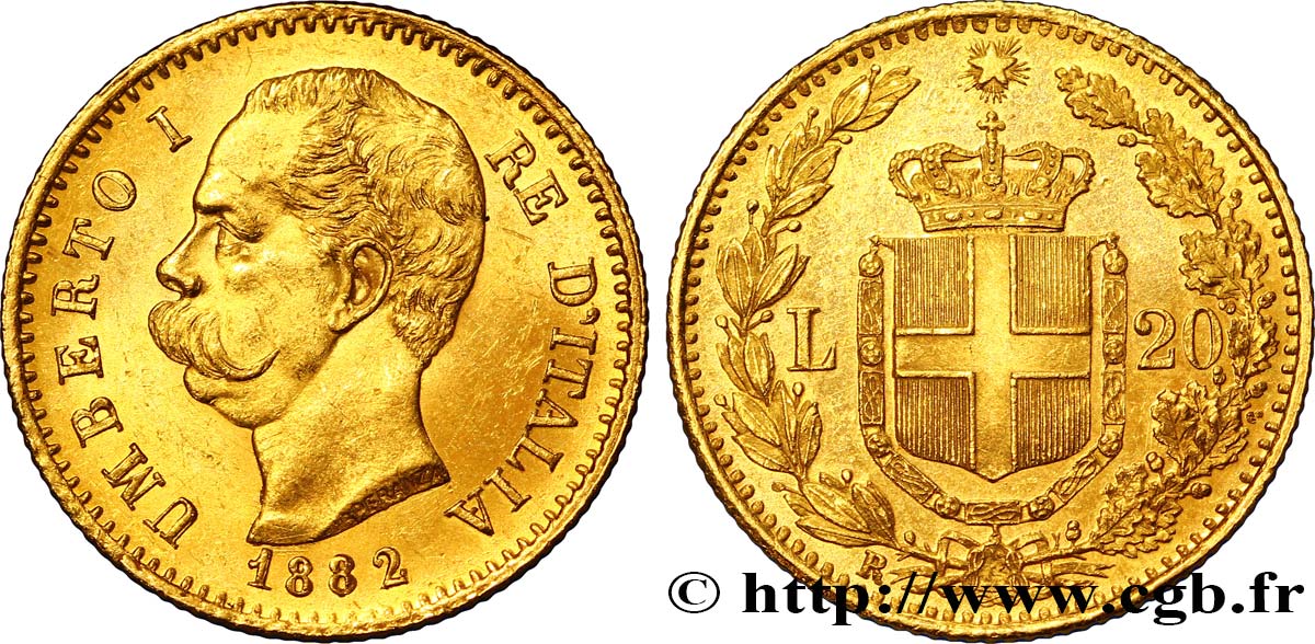 ITALIA 20 Lire Umberto Ier 1882 Rome - R EBC+ 
