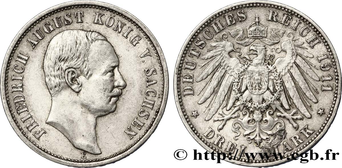 GERMANY - SAXONY 3 Mark Royaume de Saxe Frédéric Auguste III / aigle 1911 Muldenhütten - E XF 
