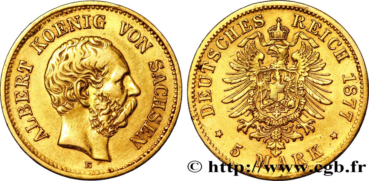 GERMANIA - SASSONIA 5 Mark Royaume de Saxe, roi Albert 1877 Muldenhütten q.BB 