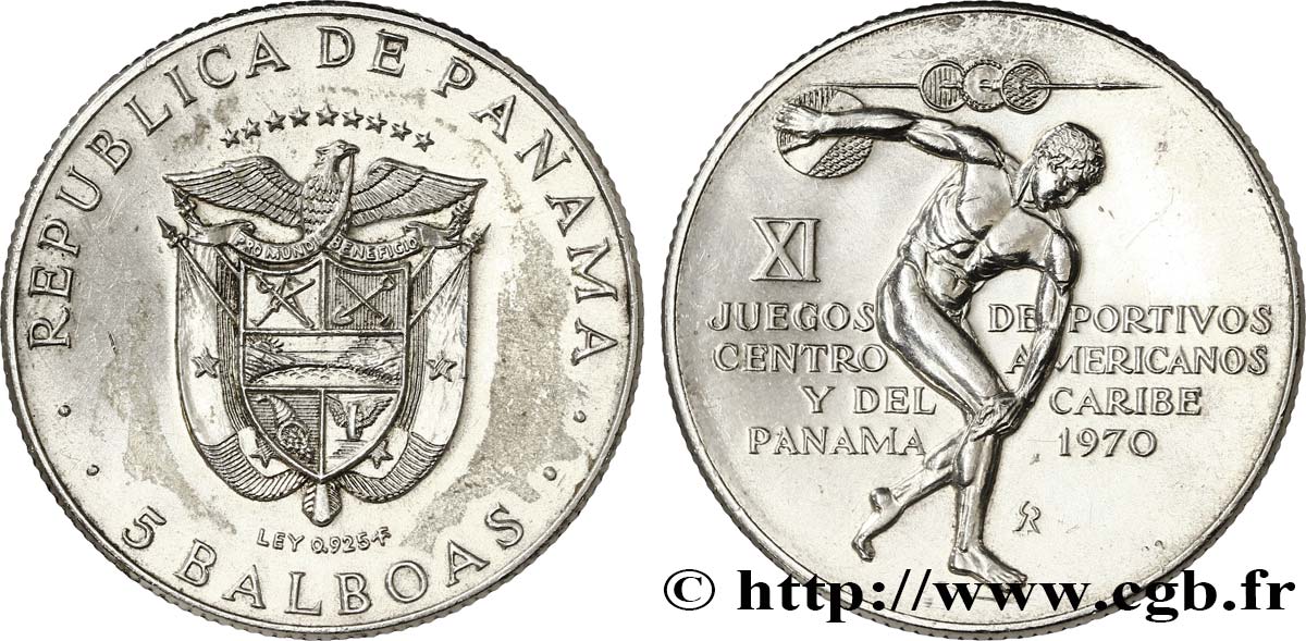 PANAMA 5 Balboas / XIe Jeux Américains 1970 Franklin Mint AU 